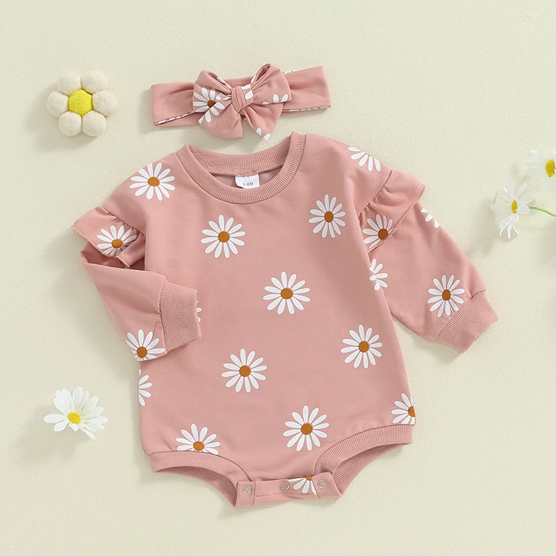 Baby Girl Sweatshirt Bubble Romper Daisy Flower Ruffle Sleeve Crewneck Oversized Jumpsuit With Headband Fall Clothes