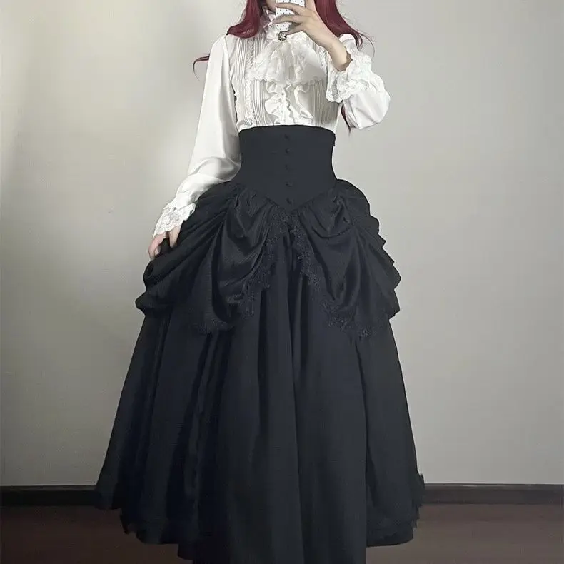 Dark Goth Slim Blouse Long Skirt 2-piece Set Lolita Shirts Pure White Black Ji Sleeves Shirt SK Fishbone High Waist Skirt Women view 4