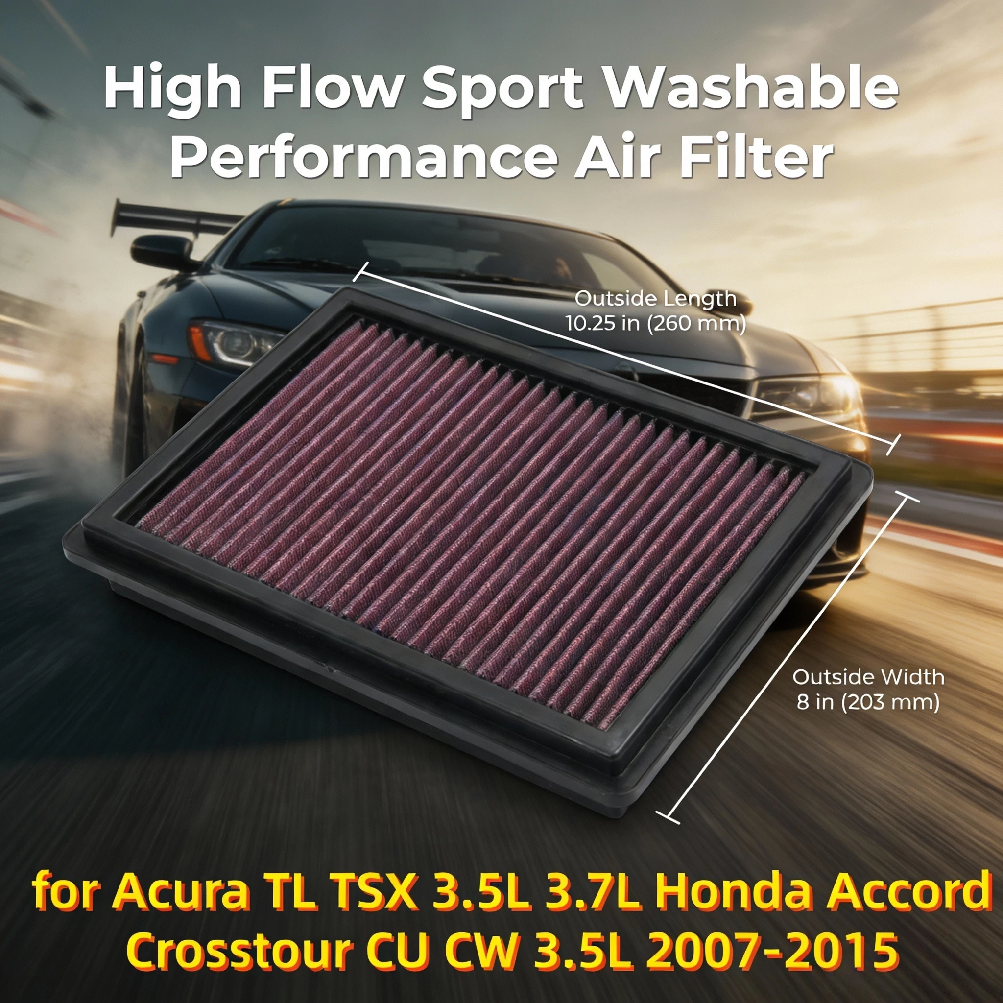

for Acura TL TSX 3.5L 3.7L Honda Accord Crosstour CU CW 3.5L 2007-2015 High Flow Sport Washable Performance Air Filter 33-2403