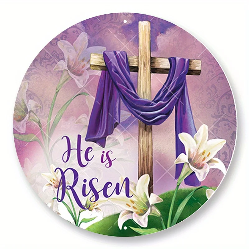 1pc 8x8inch Aluminum Metal Sign He Is Risen Easter Wreath Sign, Metal Wreath Sign, Round Wreath Sign