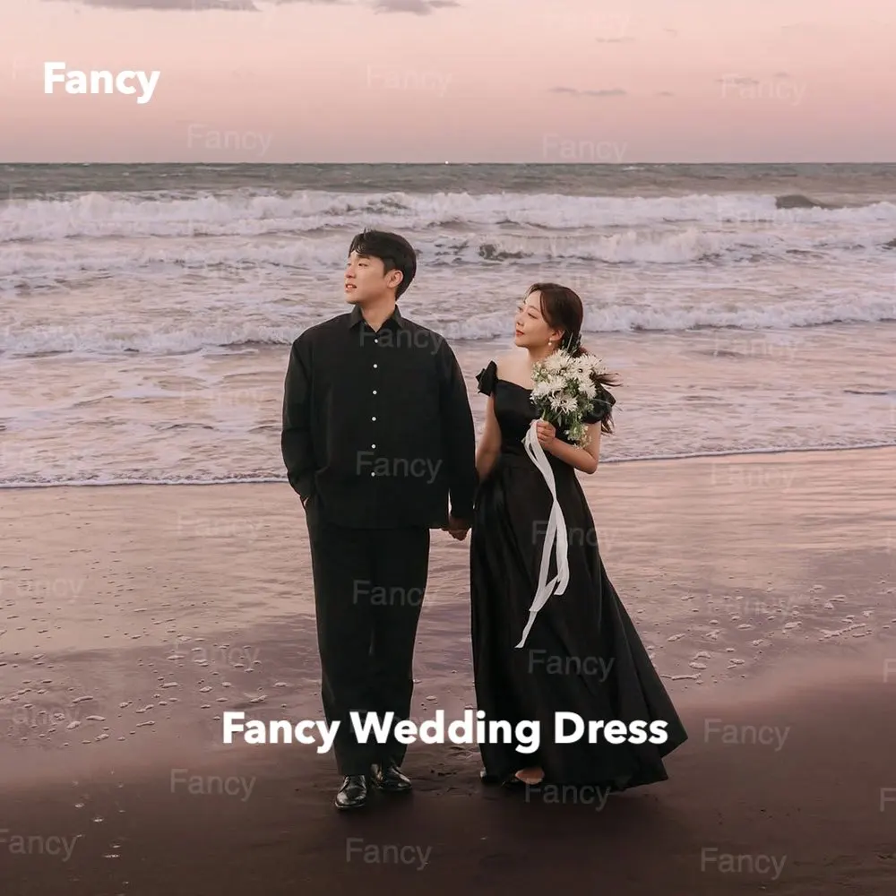 

Fancy Simple Off Shoulder Wedding Dress Korea Beach Photo Shoot A Line Soft Satin Bridal Gown Customized Back Corset