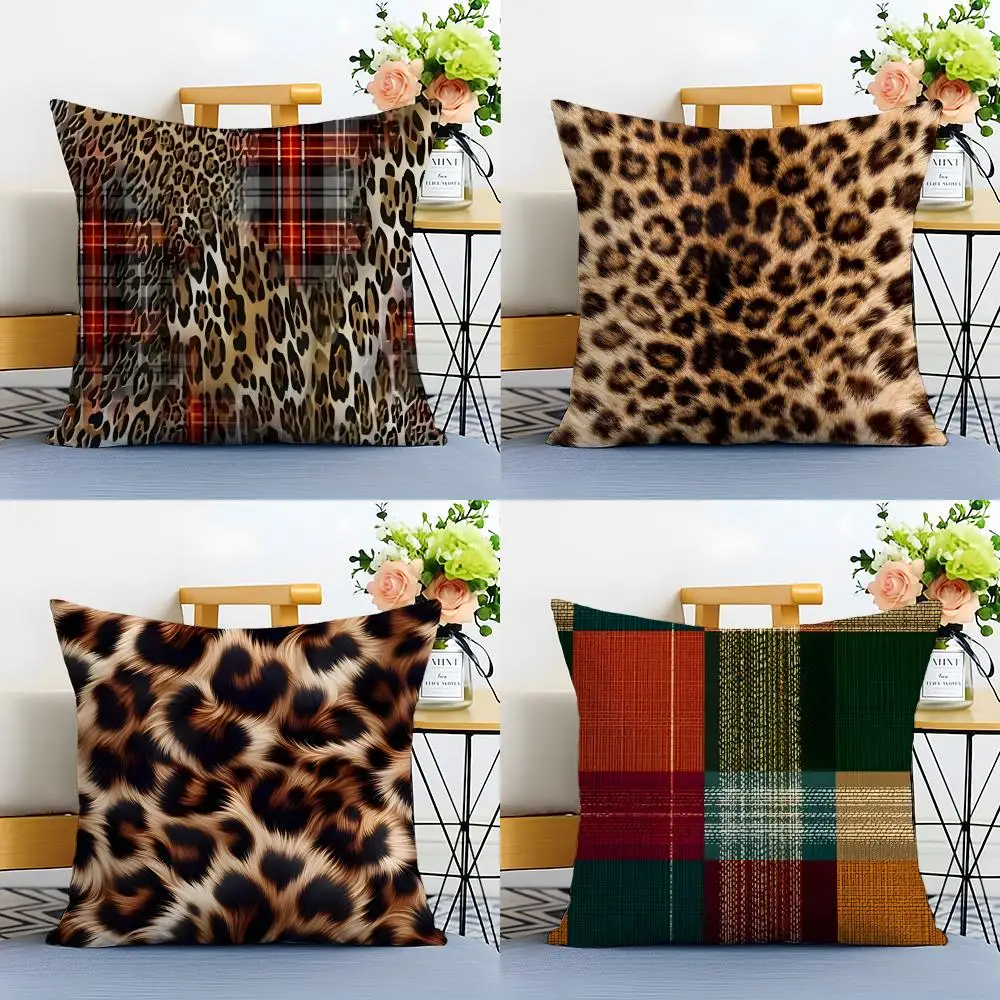 Plaid Leopard Print Textures Pillow Cushion Cover Linen Pillowcase Soft  for Sofa Bed Home Room Decor