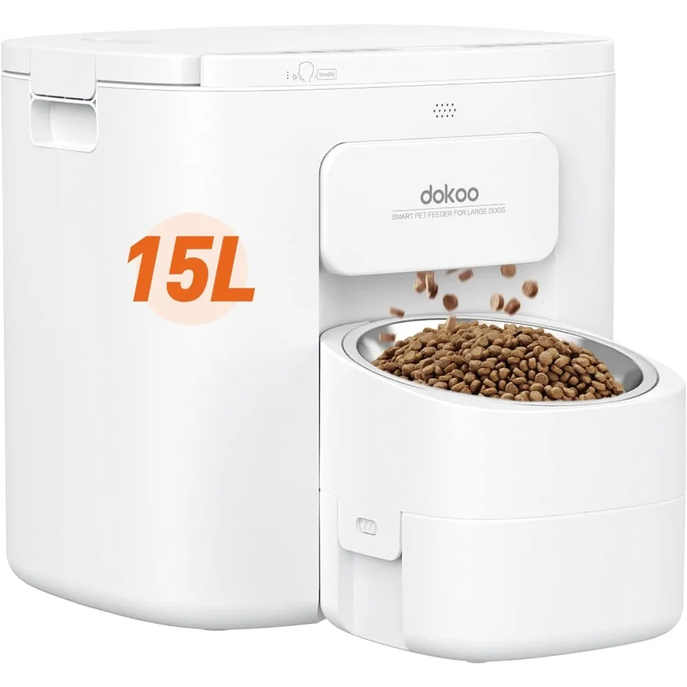 Automatic Feeder with Stainless Steel Bowl, 15L/ 63Cups Vacuum-Sealed Storage & Timed Auto Dog Food Dispenser 2in1, Pet Feeder