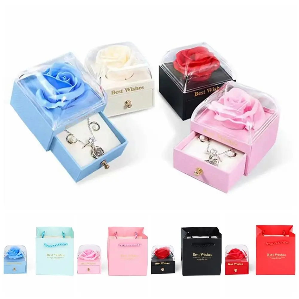 Paper Rose Jewelry Box Sponge Core Macaron Color Series Floral Gift Box Flower Shaped Artificial Rose Decor Jewelry Storage Case