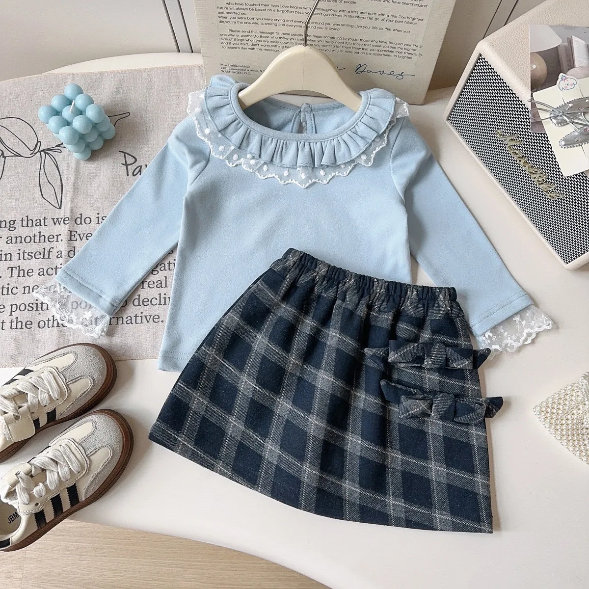 2026 Spring and Autumn Girls' Long Sleeve Lace Collar Bottom Shirt Fashion Bow Grid Half Skirt