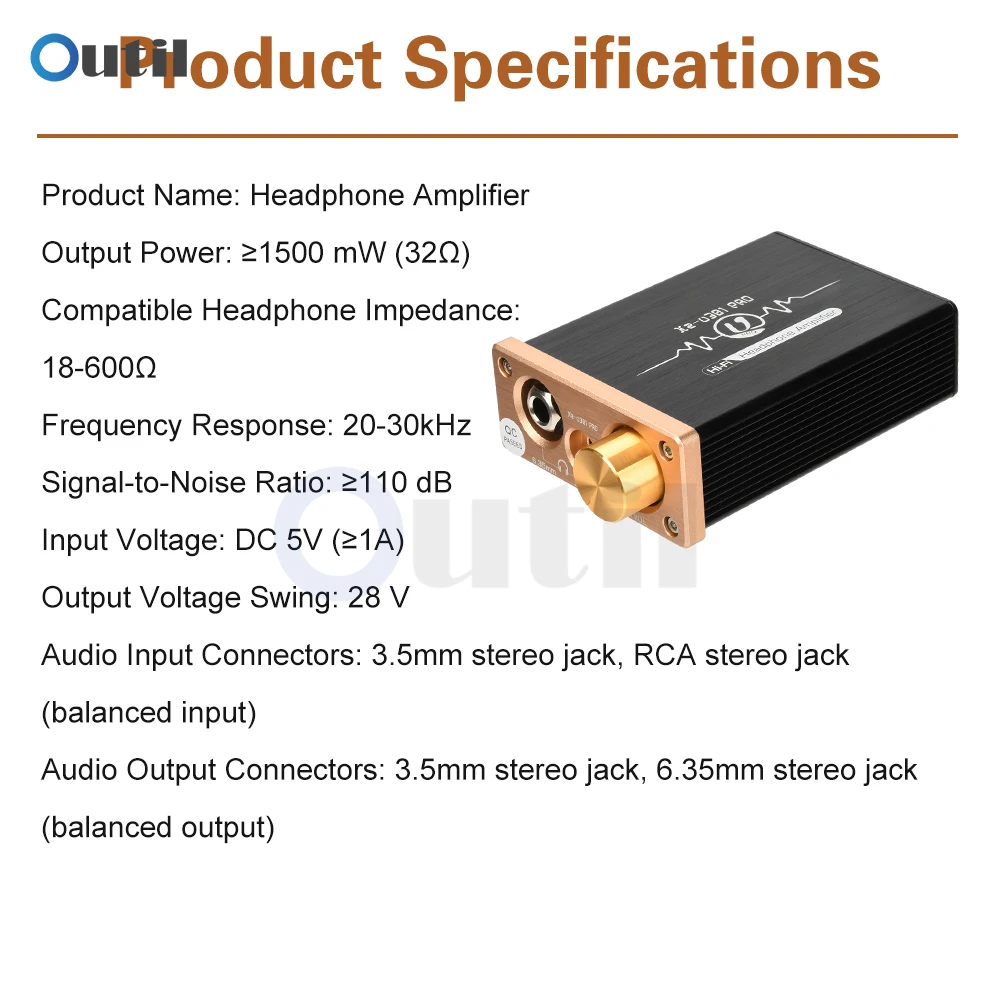 Mini amplificador de fone de ouvido Hi-Fi Xz-U301Pro Classe A Amplificador de mesa com alta potência 1500mW para fones de ouvido 18-600Ω Saídas de 6,35 mm / 3,5 mm