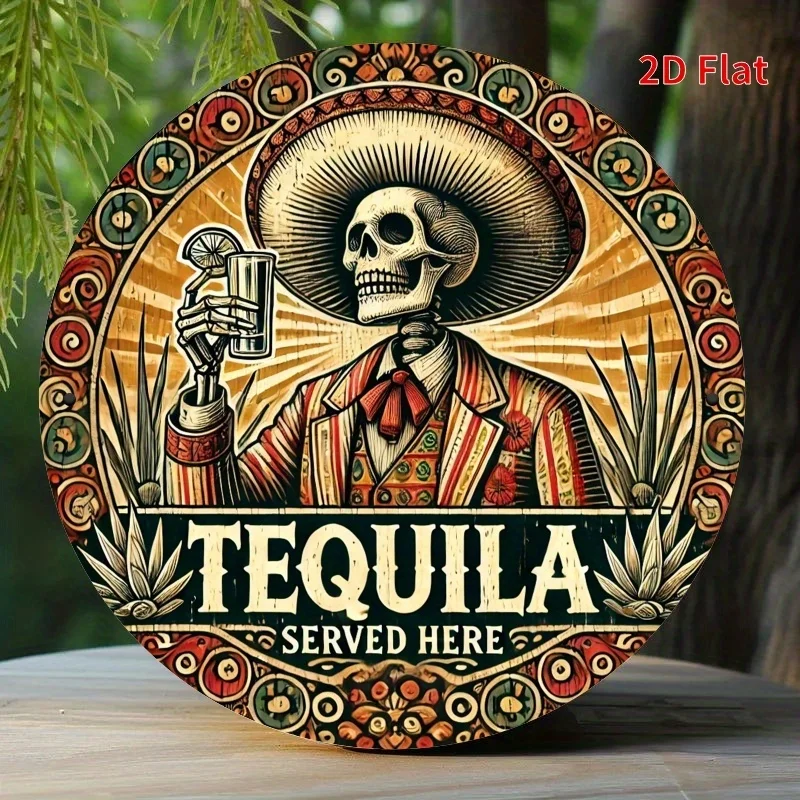 Letrero de metal Tequila Skeleton Cowboy - Impresión plana 2D, calavera vibrante con sombrero y copa de cóctel, diseño "Tequila servida aquí"