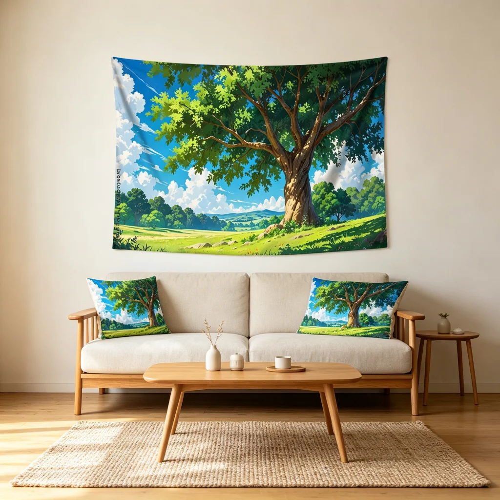 1PC Anime Tree Meadow View Print Backdrop Banner, Bedroom Living Room Photo Background, Polyester, Home Decor, Wall Art