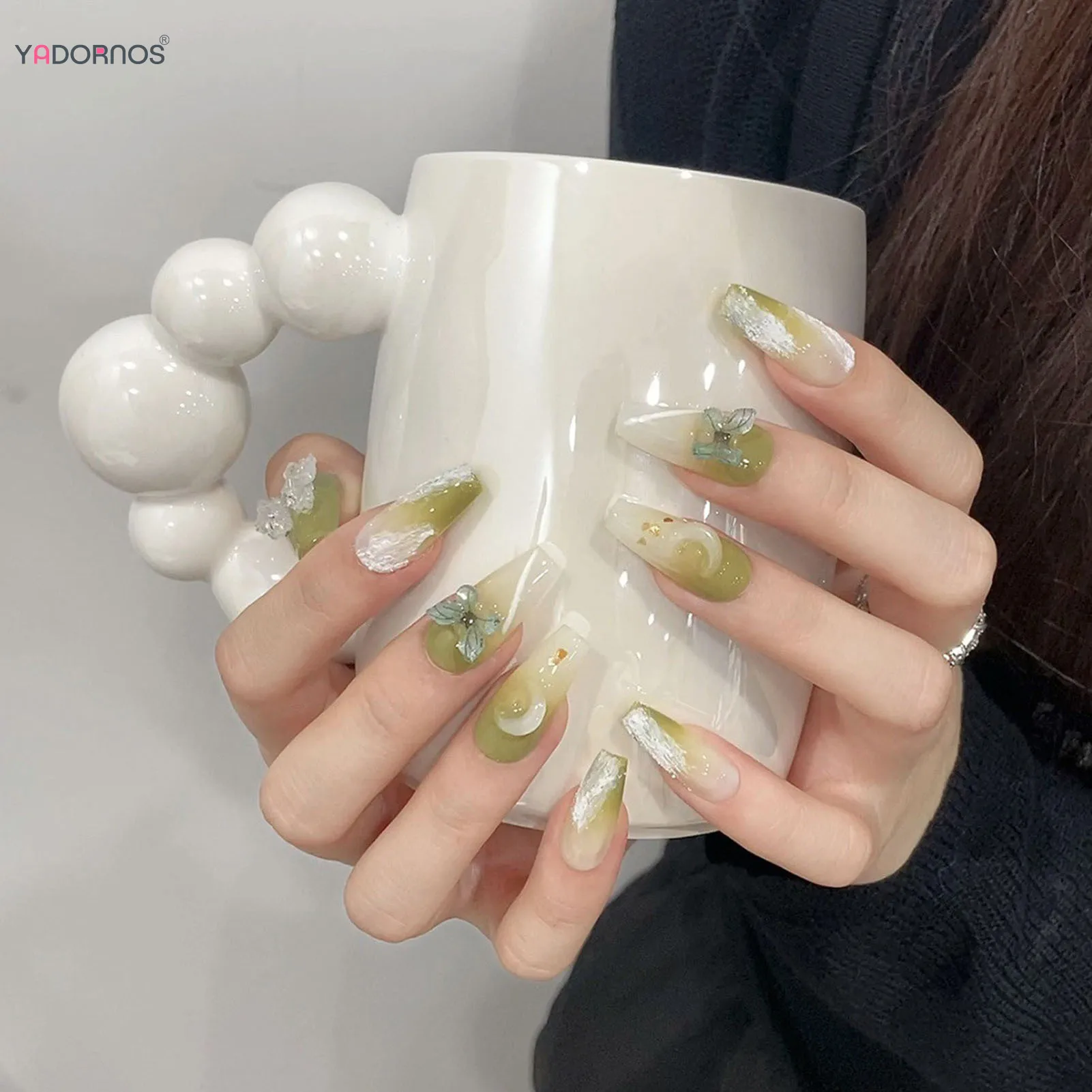 Gradientowa prasa zielona ręcznie na paznokciach świecące kryształy motyl zaprojektowany sztuczne paznokcie baleriny do noszenia sztuczne paznokcie dla kobiet