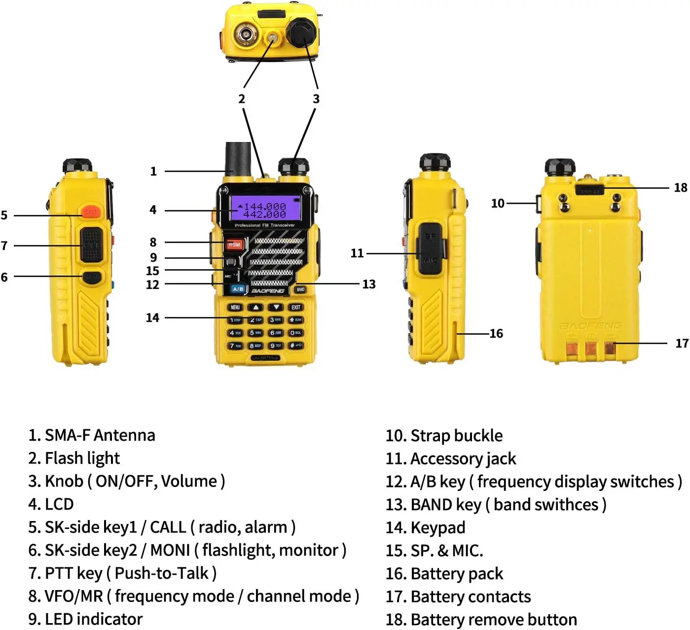 BAOFENG UV-5R+ Plus Two Way Radio, Long Range for Adults Rechargeable with Earpiece, Walkie Talkie，144-148 420-450MHz,Yellow