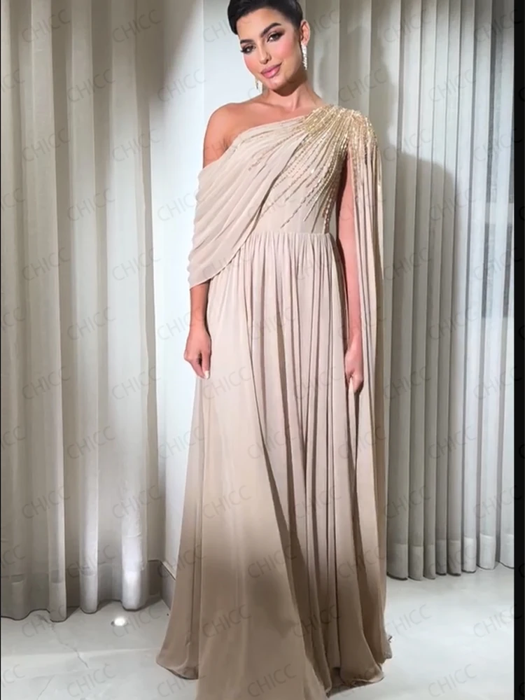 Luxury Evening Dresses One Shoulder Sleeveless A Line Prom Dresses Chiffon Beading Wedding Guest Gown Customized robes de soirée