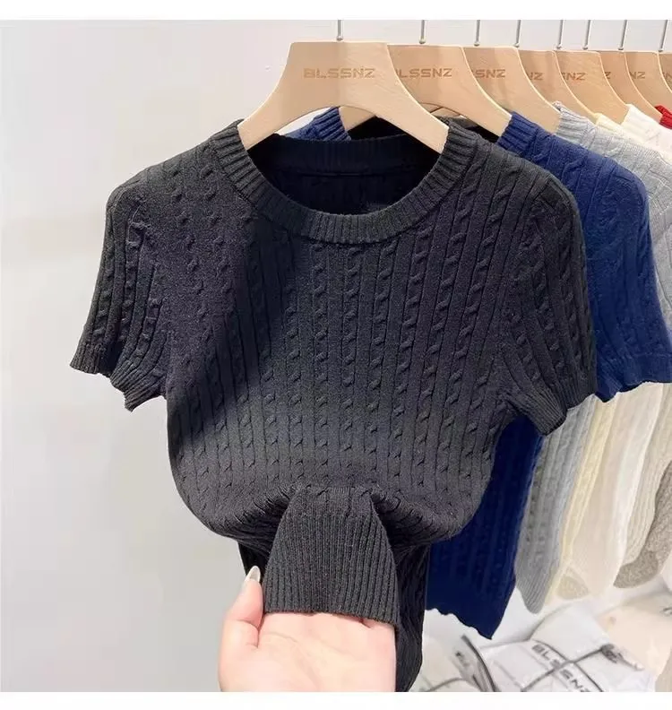Zjaiss 2026 Summer Korean Retro Elegant Texture Short Sleeve O-Neck Twist Knit Top Women Soft Casual Versatile Thin T-shirt