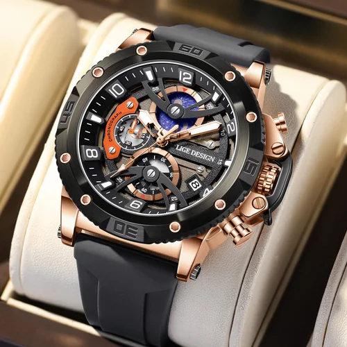 Reloj deportivo LIGE para hombre, cronógrafo de silicona de lujo de marca superior, función de esfera pequeña, relojes de pulsera de cuarzo, reloj luminoso resistente al agua
