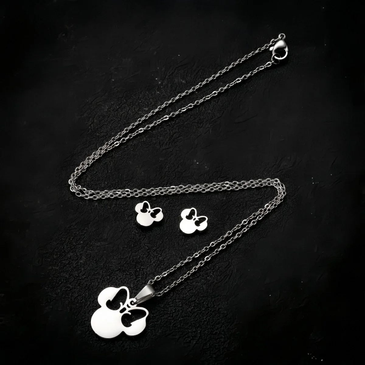 أنيمي لطيف الكرتون القوس ماوس الفولاذ المقاوم للصدأ طقم مجوهرات للنساء اكسسوارات الزفاف أقراط العروس ومجموعة مجوهرات قلادة