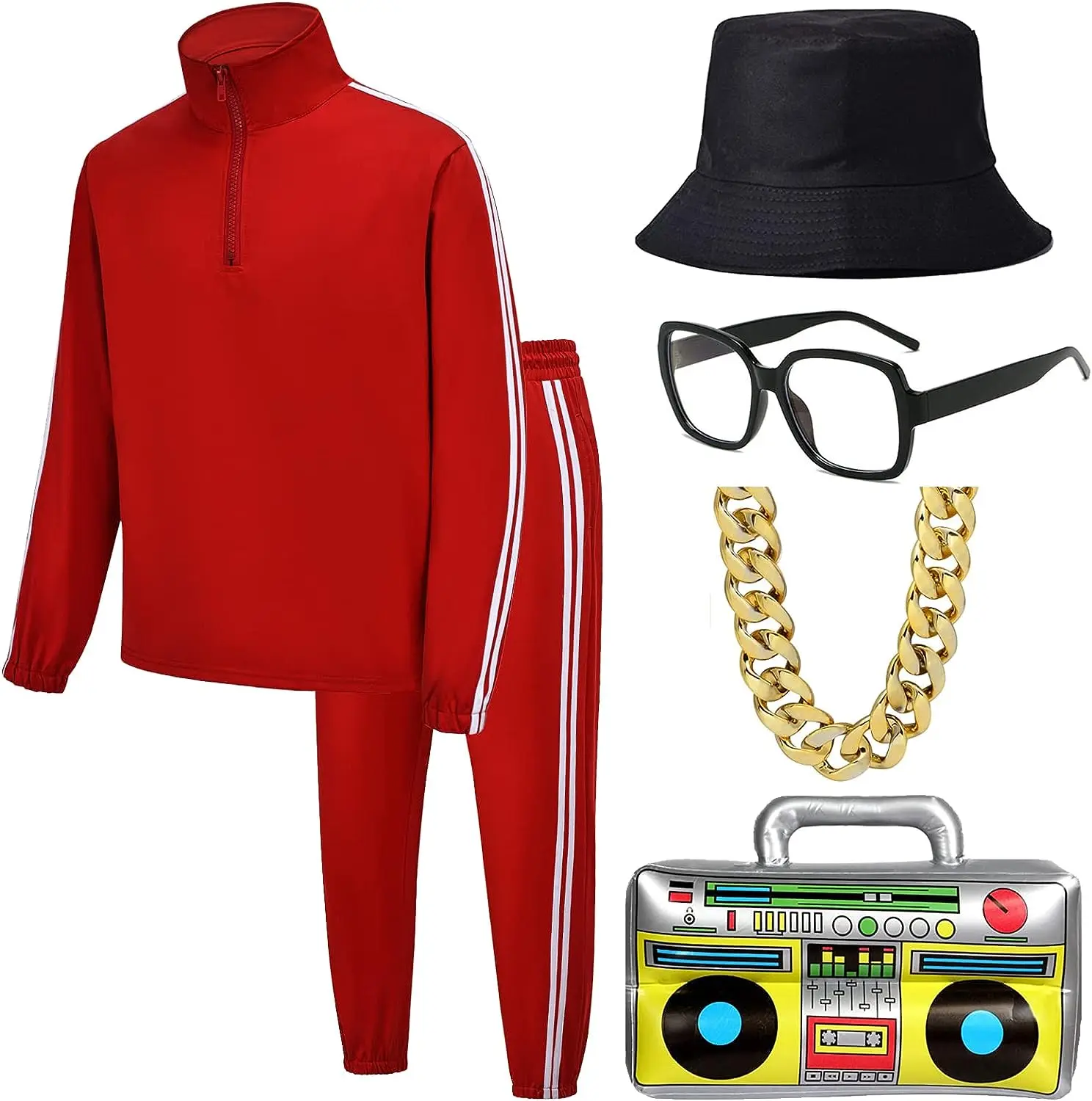 80s Costumes for Men,Men's Halloween 80s 90s Hip Hop Costume Outfit,80s Retro Hat Sunglasses Necklace Inflatable Radio