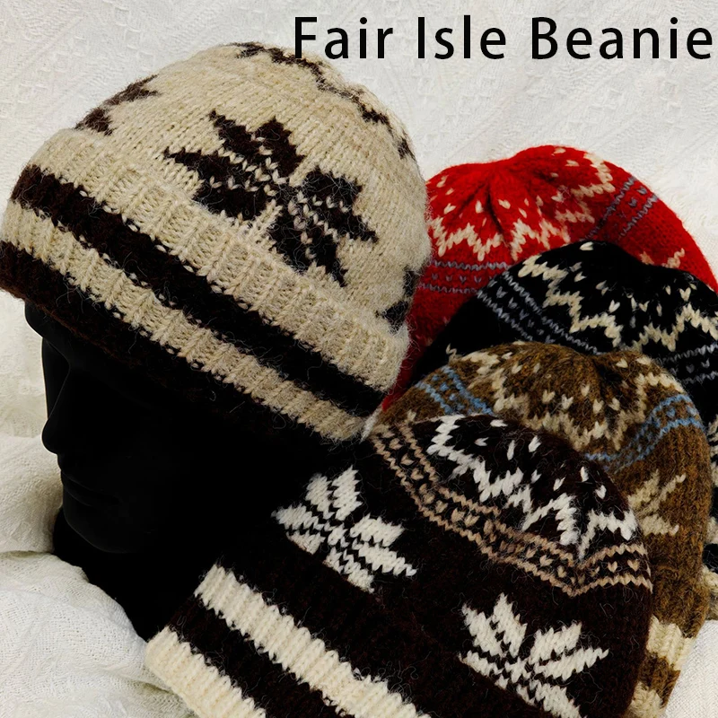 

Зимняя уютная праздничная шапка-бини для женщин, винтажная, с жаккардовым узором «Фер-айл», вязаная шапка с рождественским снежинковым узором