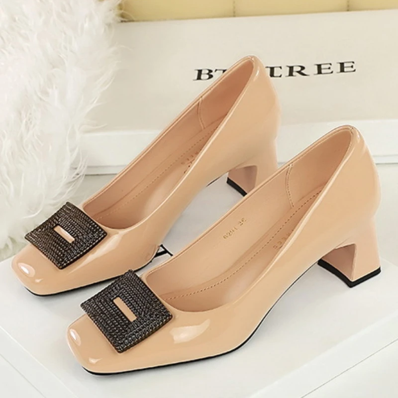 BIGTREE Temperament Women Profession OL 5cm High Heels Pumps Square Toe Patent Leather Crystal Buckle Decoration Lady Shoes view 4