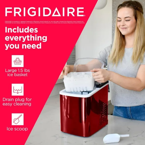 Pembuat es baja tahan karat Frigidaire EFIC117-SSRED-COM, 26lb per hari, merah tahan karat