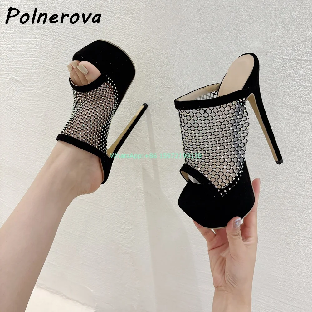 

Crystal Plaid Pattern Hollow Slippers 16Cm High Heels Platform Peep Toe Sandals Black Sexy Bling Luxury Runway Stiletto Shoes