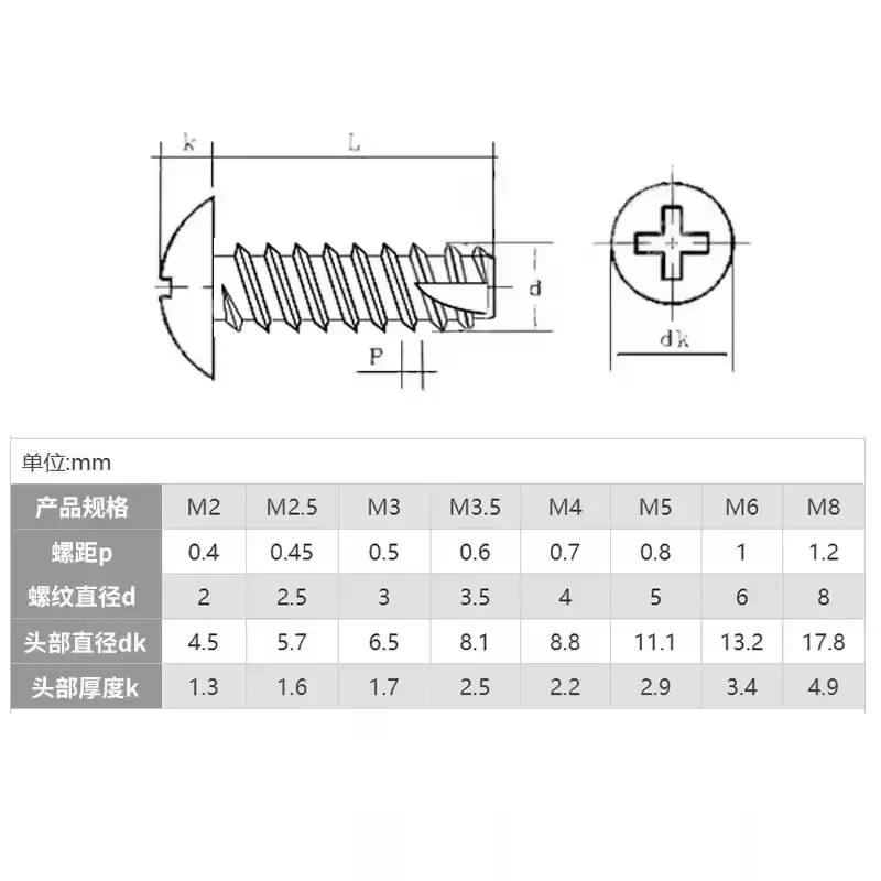 304 Stainless Steel/Carbon Steel M2 ~ M4 Phillips Recessed Truss Head Self-tapping Screw Round Head Mushroom Screws