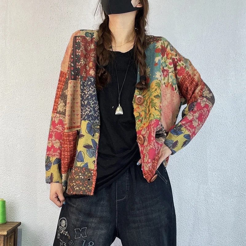 Amax luluE Winter Vintage Printed V-Neck Sweaters Womens Loose Leisure Cardigans Gothic Females Harajuku Pocket Floral Clothing