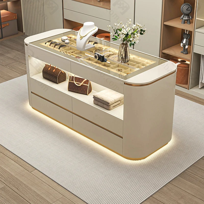custom.Custom Size Modern Design Luxury LED Jewelry Display Island with Glass Top Freestanding Walk-in Closet Storage - view 2