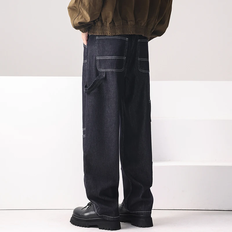 Pocket Splice Jeans Men Japanese Streetwear Cityboy Fashion Loose Casual Plus Size Straight Denim Jeans Pants Man Trousers
