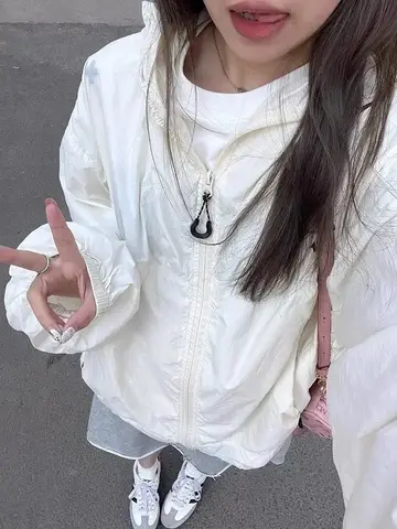 HOUZHOU 여성용 바람막이 베이지 지퍼 재킷, 캐주얼 경량 투명 후드 재킷, 루즈 한국 패션, 2024 여름