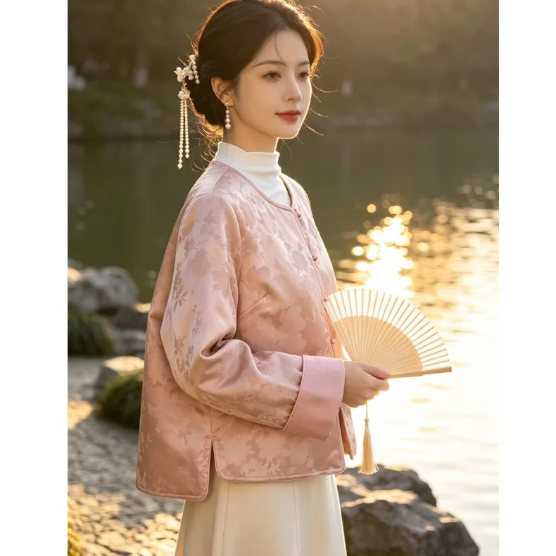Thickened Satin Collar Jacket Chinese Style Autumn Winter Tang Suit Cotton Filled Traditional Embroidered Button Ethnic Top