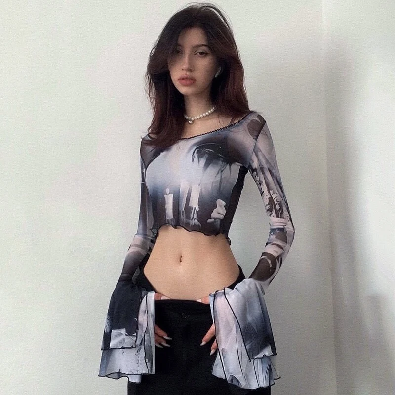 Y2K Millennium Hot Girl Gothic Rock Big Water Sleeve Personalized Printed Round Neck Long Sleeve Open Umbilical Top Short