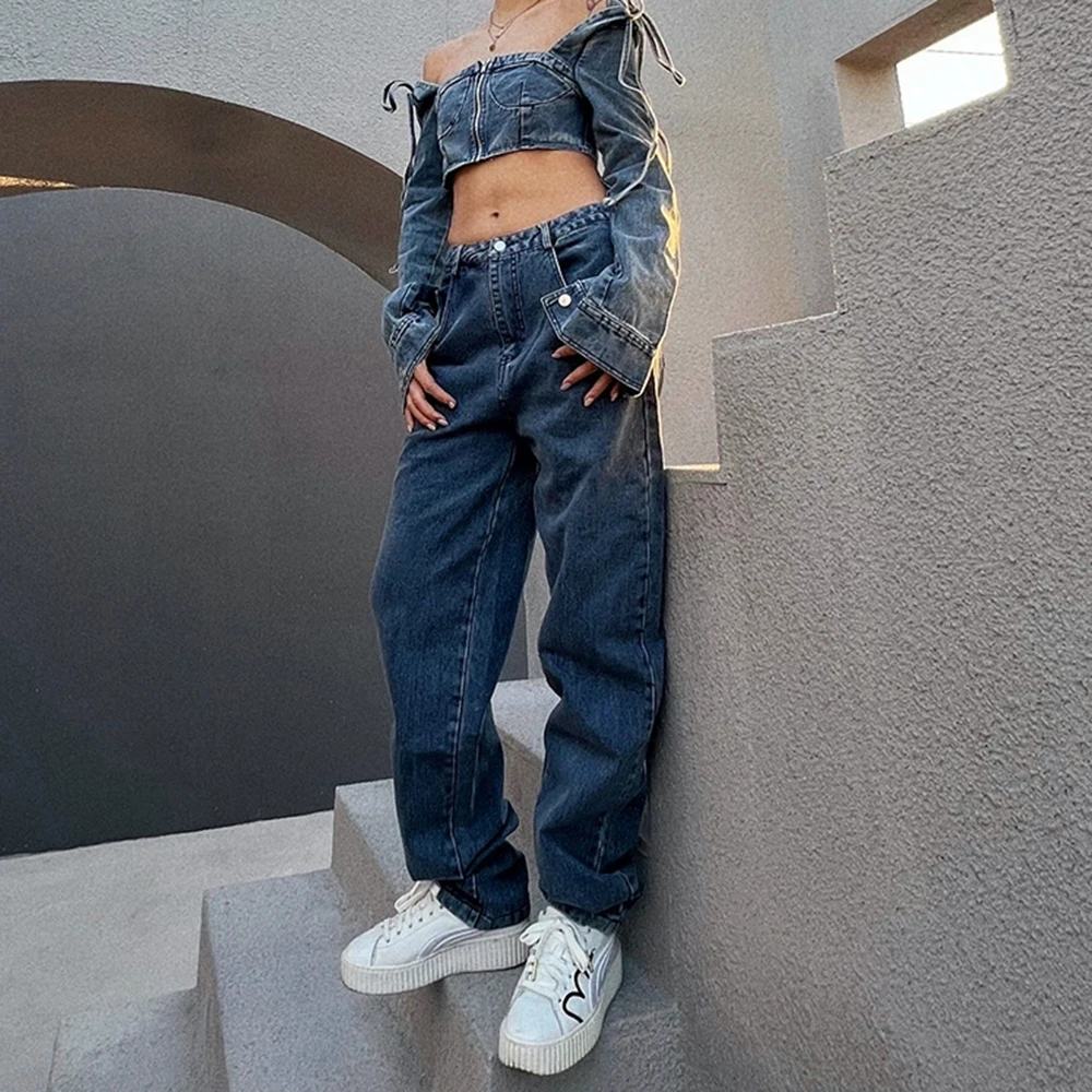 

Niche denim one-shoulder top is pure and slim + wide-leg loose jeans set two-piece set-GZXX918
