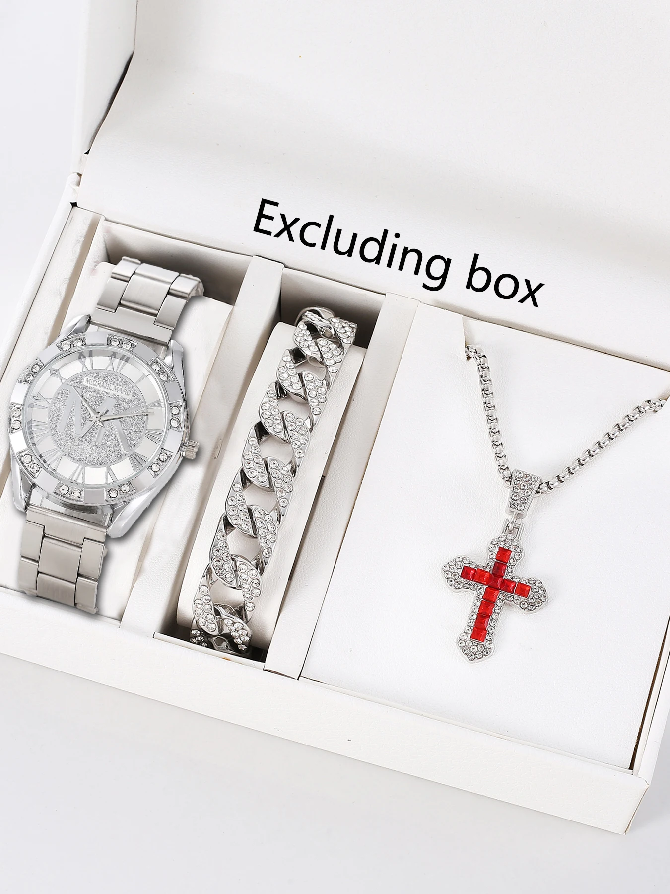 3Pcs Men Gold Watch Jewelry Set Rhinestone Glitter Dial Quartz Watch, Curb Bracelet & Cross Necklace
