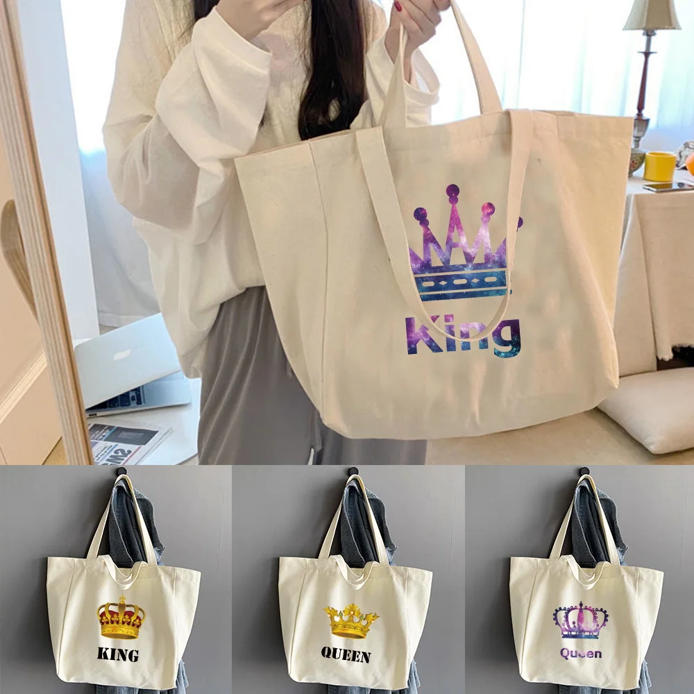 

Canvas Shoulder Bag Handbag Storage Packet Foldable Shopping Bags 2024 New Women Travel King Queen Print Casual Wild Tote Pouch