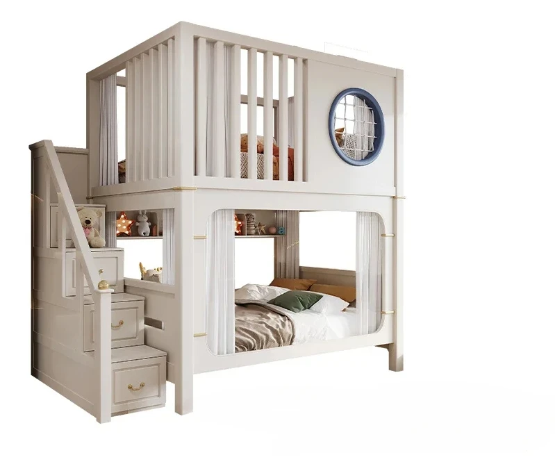 Modern High And Low Kids Bed With Ladder Cabinet Safety Fence Bunk Bed  Multifunctional Solid Wood Children Bed For Boy And Girl