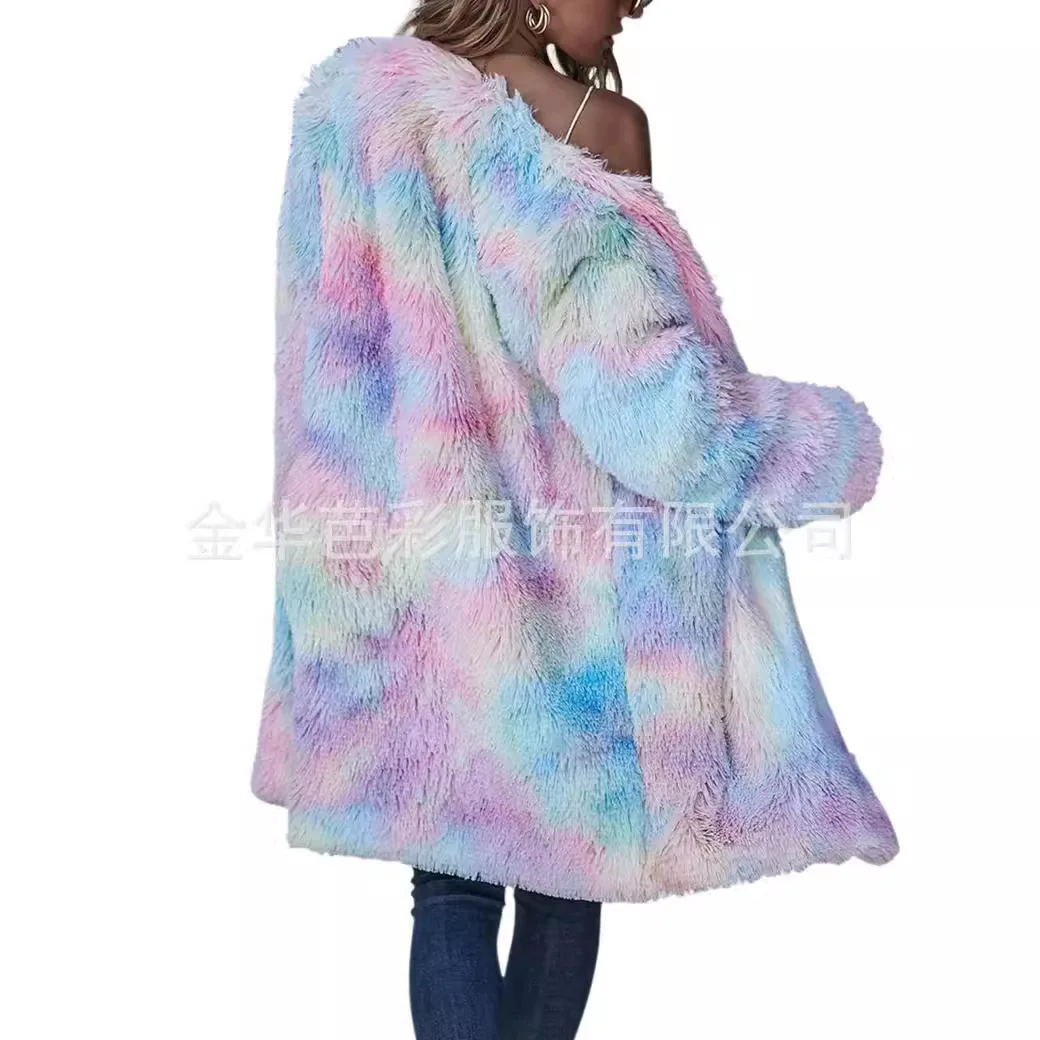 Faux Fur Jackets Women Mid Length Coat Autumn Winter Fluffy Shaggy Thick Warm Print Overcoat Open Stitch Outerwear High Street