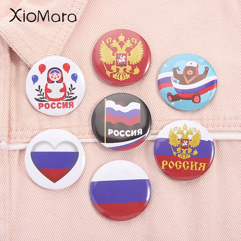 

POCCNR Russia Russian Flags Tinplate Soft Button Pin Funny Matryoshka Dolls Brown Bear Brooches Lapel Badge Jewelry Gifts