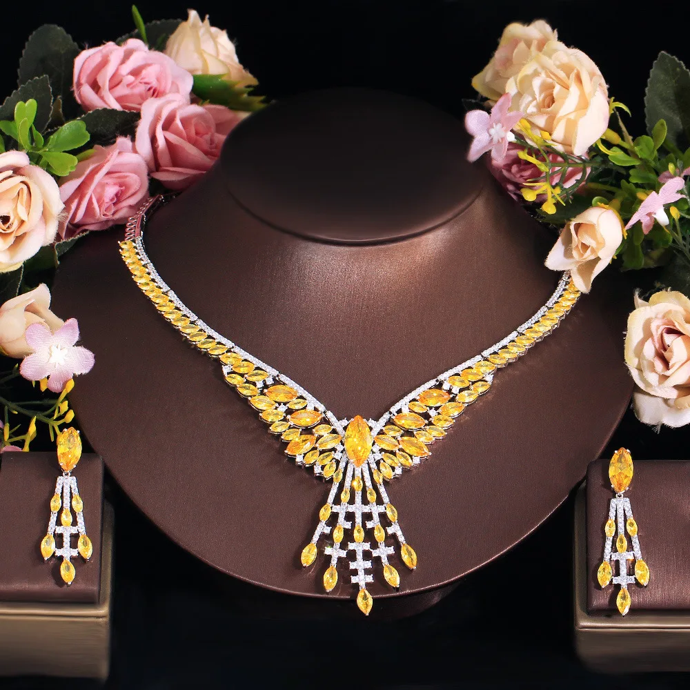 Luxury Full Cubic Zirconia Necklace Earrings Set Women Bridal Wedding Party Clavicle Chain Choker Two Piece Jewelry Accessories