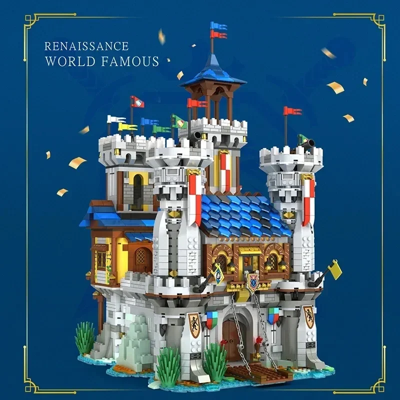 Medieval Golden Lion Castle Building Blocks Model European Style City View MOC Bricks Creative Desktop Decoration Toys For