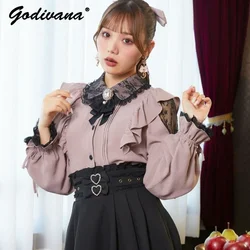 Japanese Style Rojita Lolita Lace Off-Shoulder Shirt Cross Strap Bow Long Sleeve Tops Women's Autumn Sweet Blouse Shirts