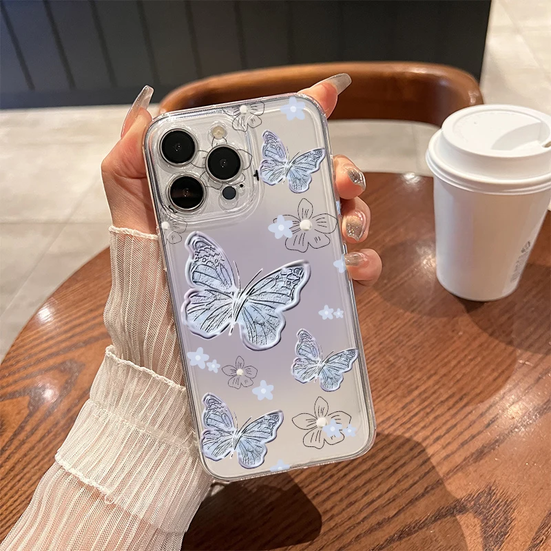 Purple Butterfly Phone Case For iPhone 16 15 14 13 12 11 Pro XS MAX 7 XR 8 7 Plus Clear Cover Fundas