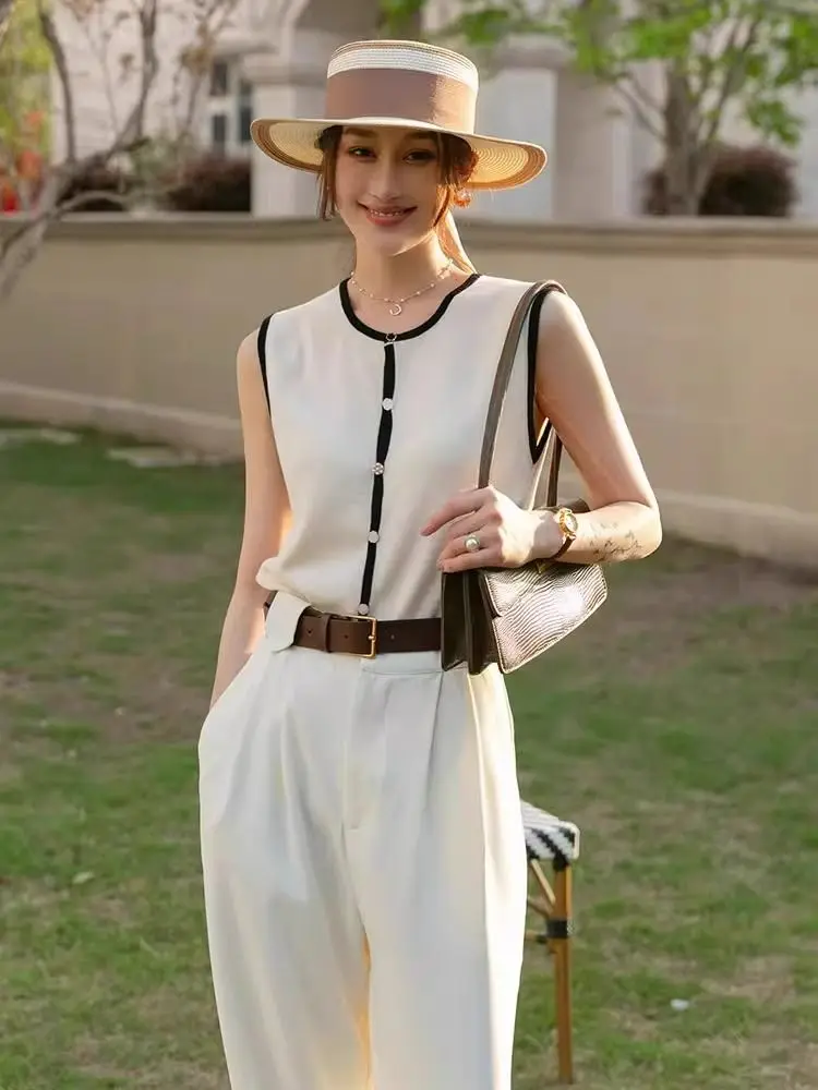 

French Retro Ice Silk Knitted Sleeveless Cardigan Vest, Women Summer BLACK apricot Contrast Vest Top Temperament Office Lady