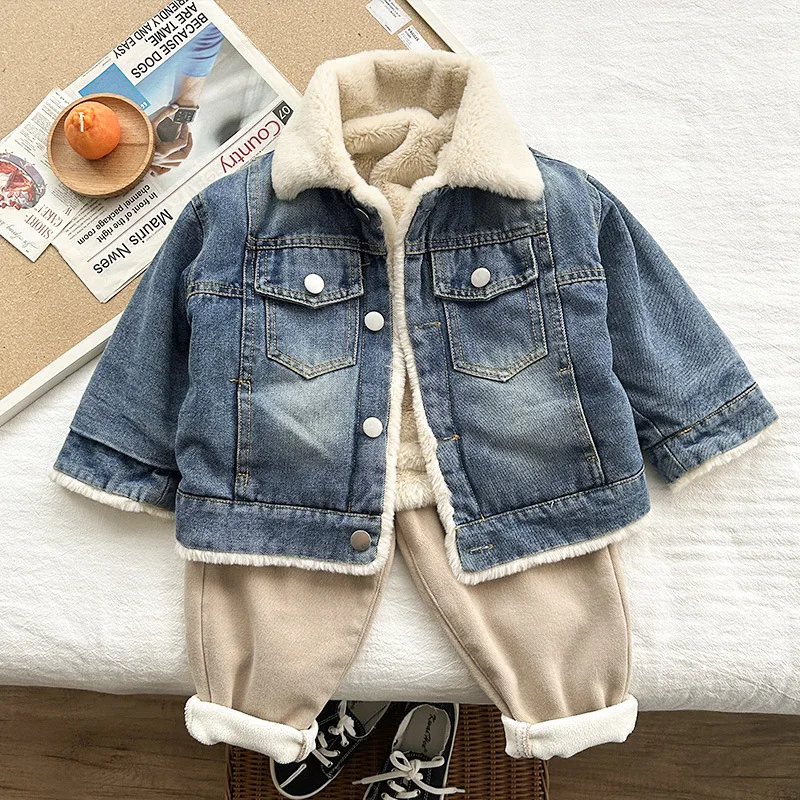 2024 Jacket For Girls Boys Autumn Winter Plus Cashmere Thicken Jeans Coat Children Clothes Warm Fashion Baby Denim Jackets 2-10Y