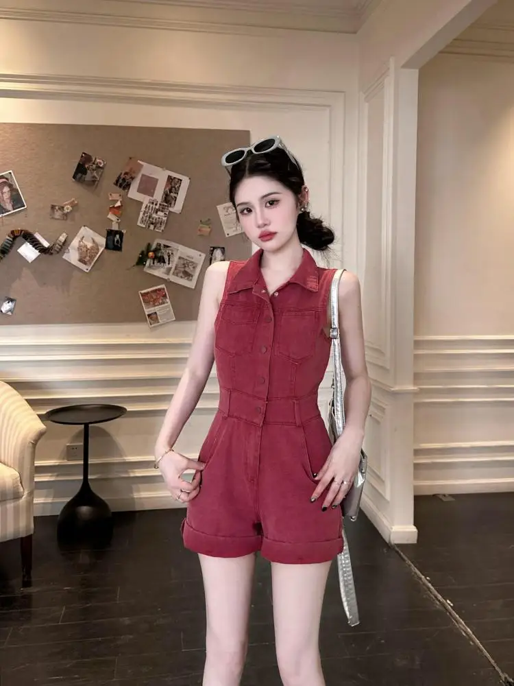 

Summer Red Denim High Waist Single Breasted Shorts Jumpsuits Women Casual Sleeveless Off Shoulder Short Pant Rompers Streetwear
