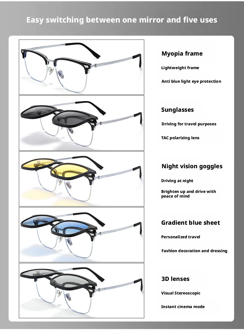 Hochwertige, ultraleichte Anti-UV-3D-Filmbrille mit polarisiertem magnetischem Clip-On-Brillengestell für Herren, Vintage-Titanbrille 9688ZM – Detail 5