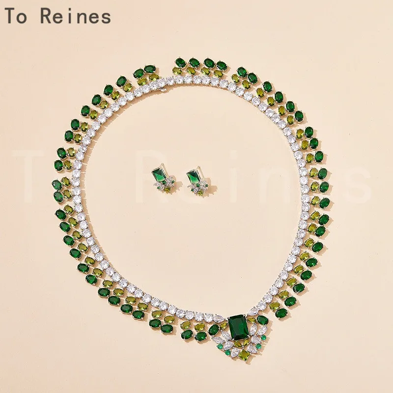 To Reines Retro Emerald Inlaid Rhinestone Necklace Female Simple Temperament Silver Color Clavicle Chain Colares Para Mulheres