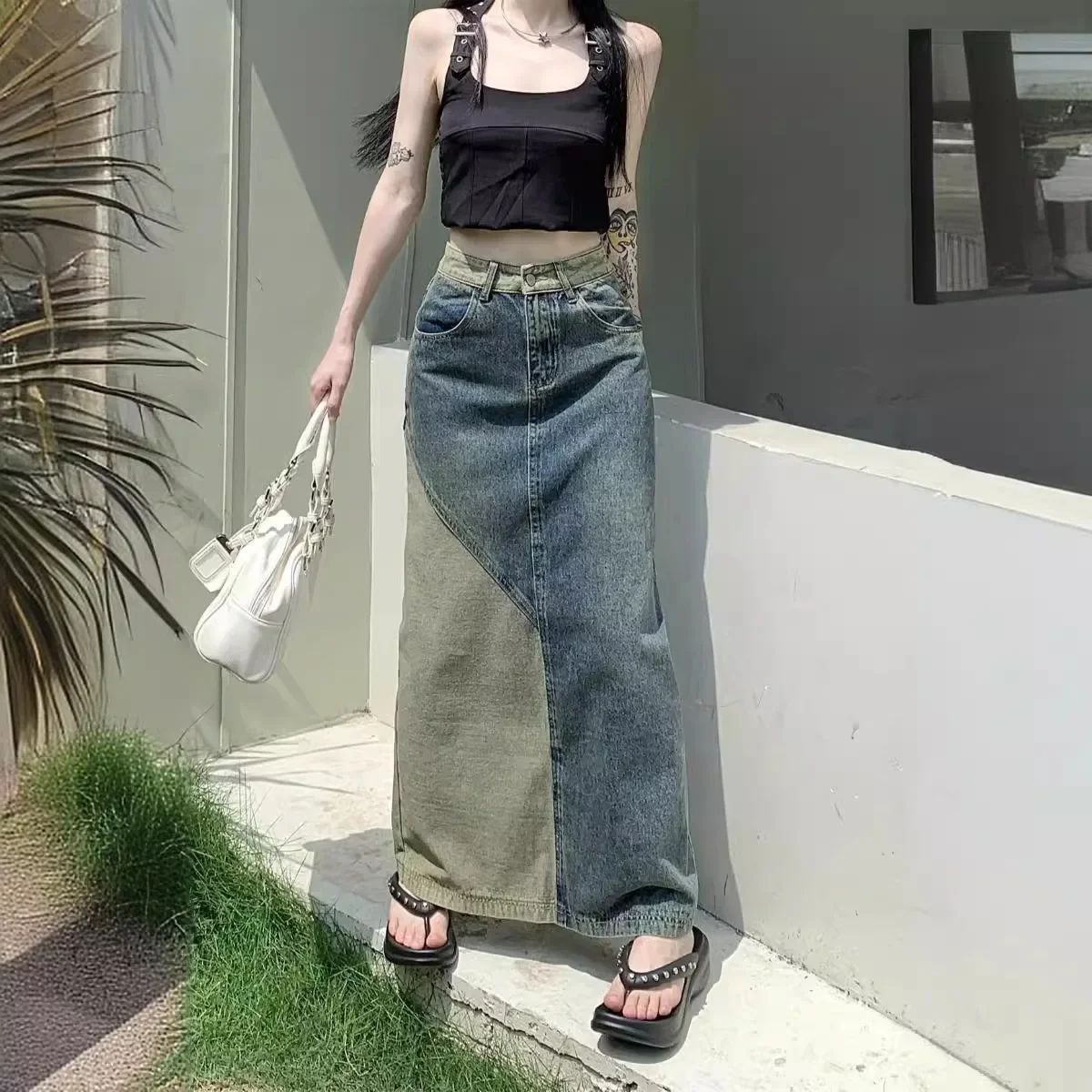 

High Waist Slim Fit Vintage Style Patchwork Color Block Denim Mini Skirt for Women Autumn Season Fashionable Casual Wear