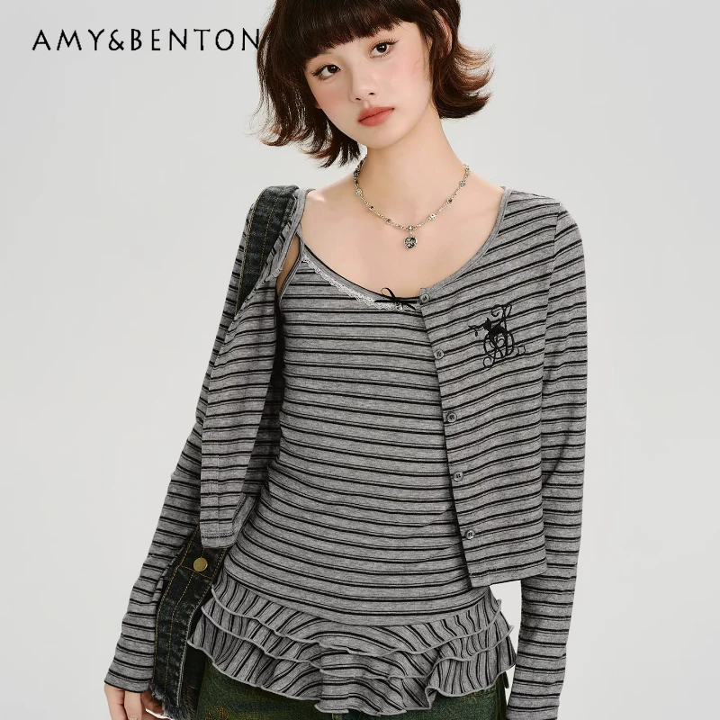 

Original Design Gray Striped Women's Cardigan Jacket 2026 Spring New Sweet Ruffled Edge Splicing Sling Vest Two-Piece Set Ladies