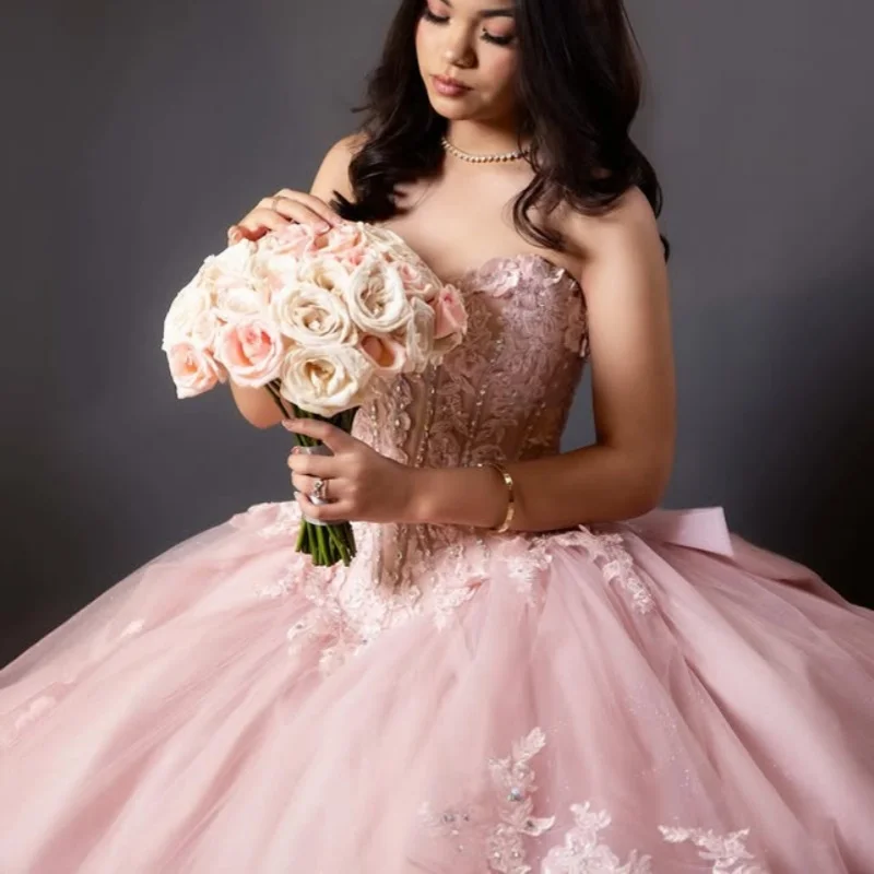 

light pink Shoulder Quinceanera Dress Lace crystal Tull Flower decal V-neck Big Bow vestidos de 15 Quinceanera ﻿Customized
