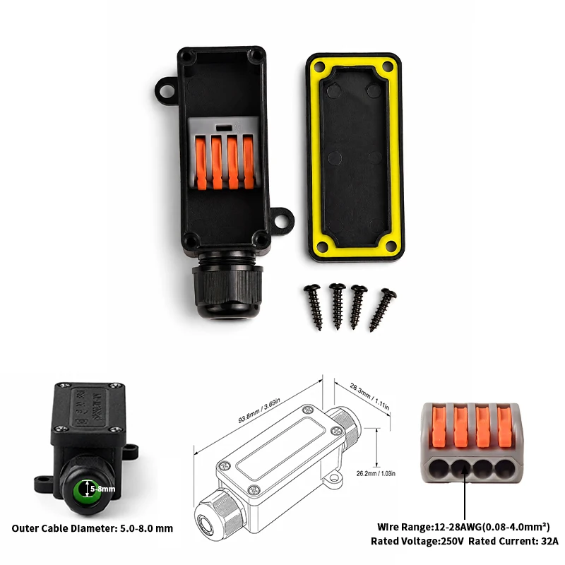 IP68 Wasserdichte Inline-Anschlussdose 3-poliger Elektrischer Kabelverbinder Hebelklemme 32A 12-28AWG Außenbeleuchtung Kabelverbindung – Detail 1