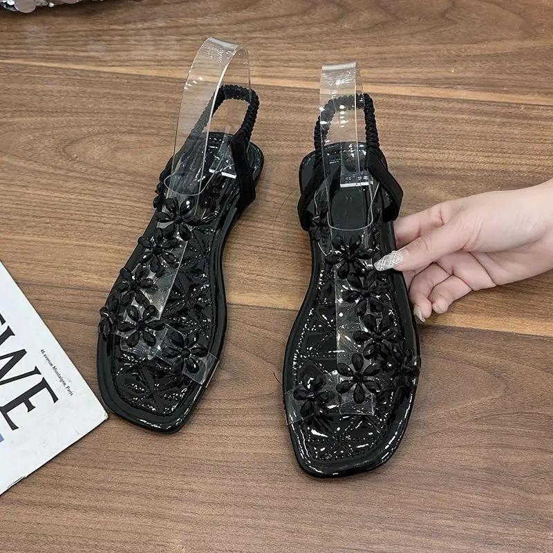 

2026 Trendy Women Block Toe Flat Sandals Floral Clear Elastic Band Fashion Versatile Daily Wear
